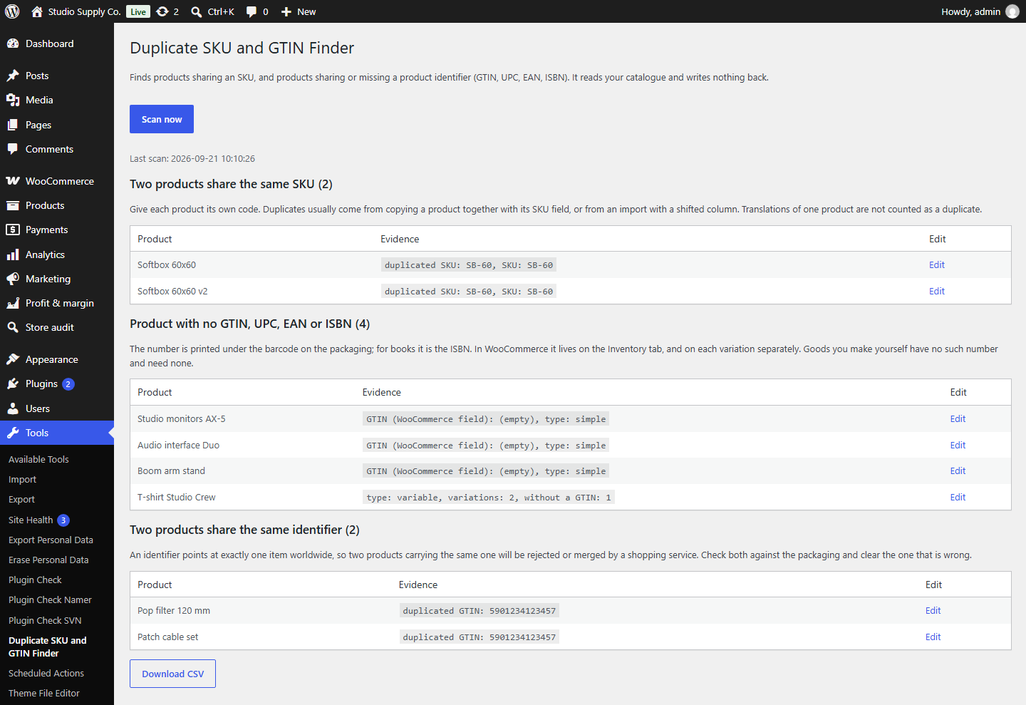 The Duplicate SKU and GTIN Finder screen under Tools: three checks, each with the products it found, the value that was read and an Edit link